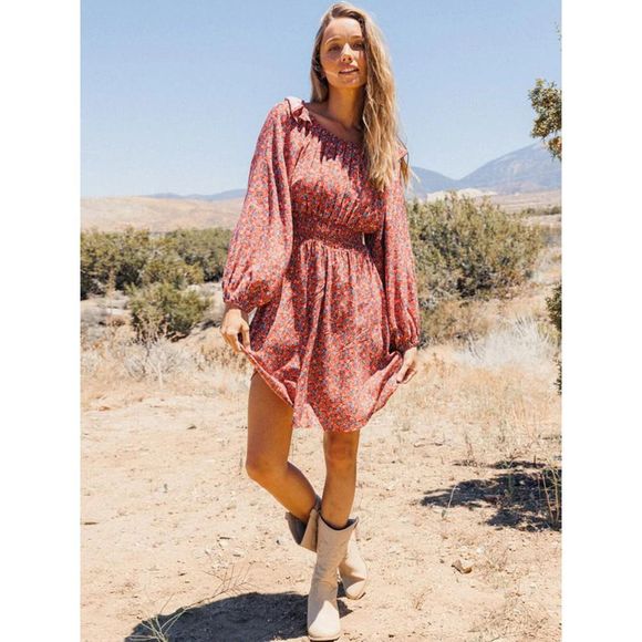 Rust Floral Long Sleeve Off Shoulder Dress - Picture 2 of 4